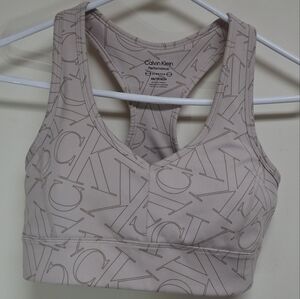 Calvin Klein XS Beige Patterned Racerback Sports Bra Removable Pads Back Cutout
